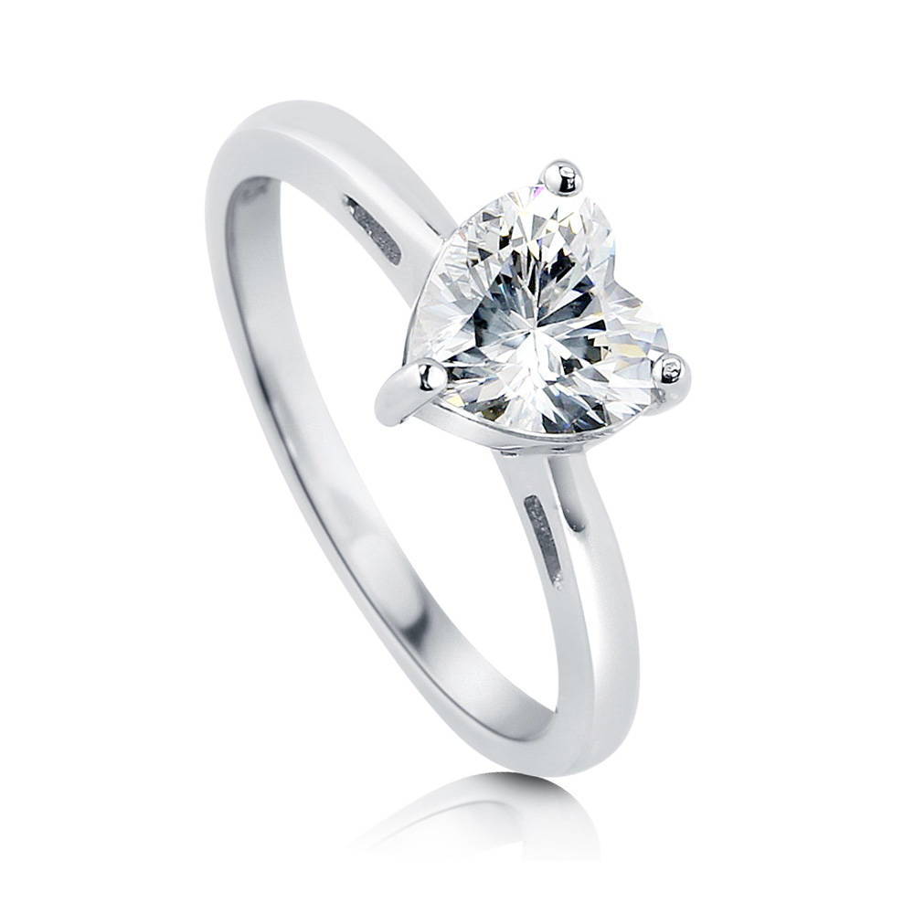 Front view of Solitaire Heart 1.1ct Heart CZ Ring in Sterling Silver, 4 of 7