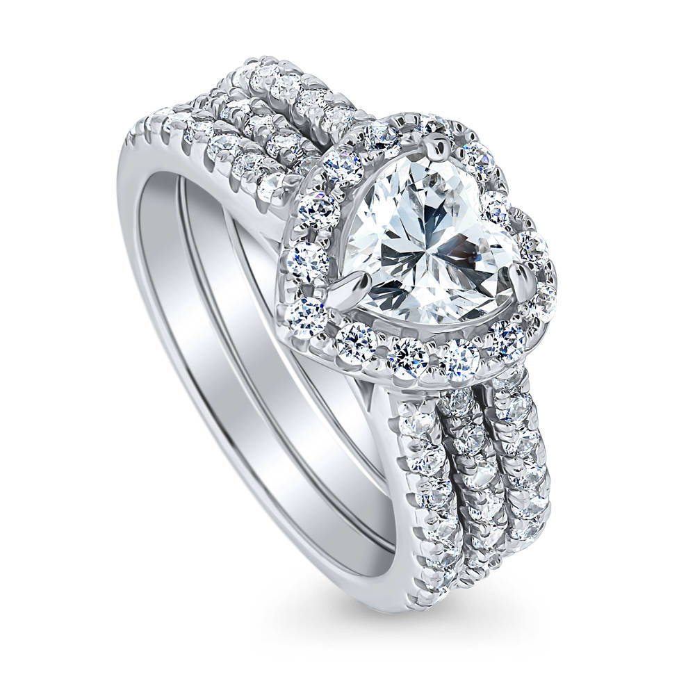 Halo Heart CZ Insert Ring Set in Sterling Silver, front view