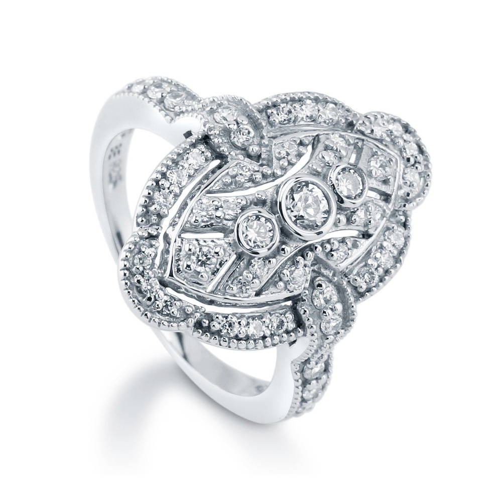 Front view of Navette Art Deco CZ Ring in Sterling Silver, 4 of 11