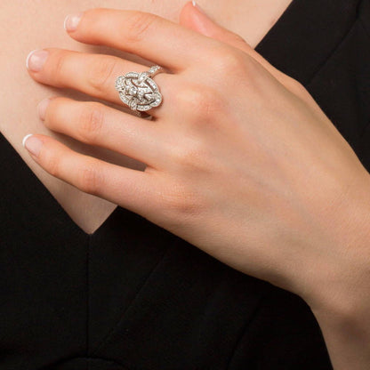 Navette Art Deco Milgrain CZ Ring in Sterling Silver