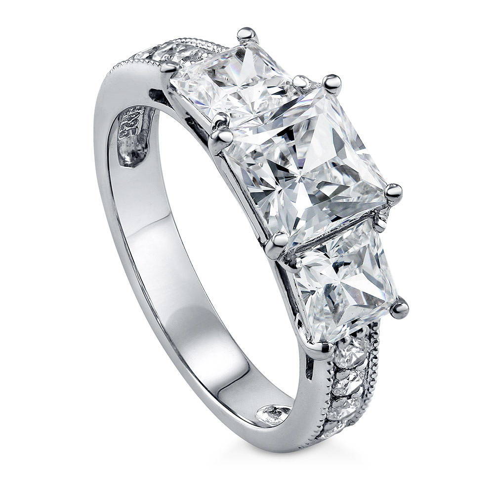 Front view of 3-Stone Princess CZ Ring in Sterling Silver, 3 of 13
