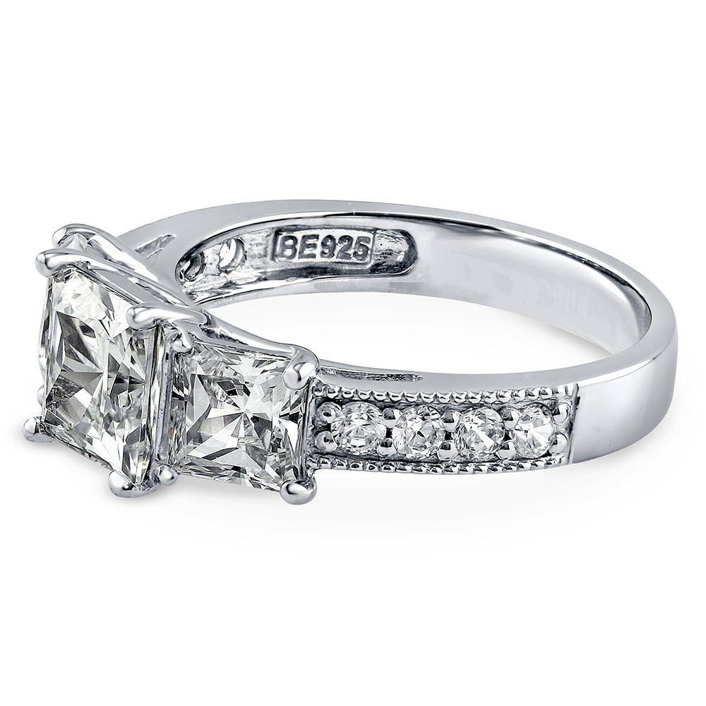 Angle view of 3-Stone Princess CZ Ring in Sterling Silver, 4 of 13