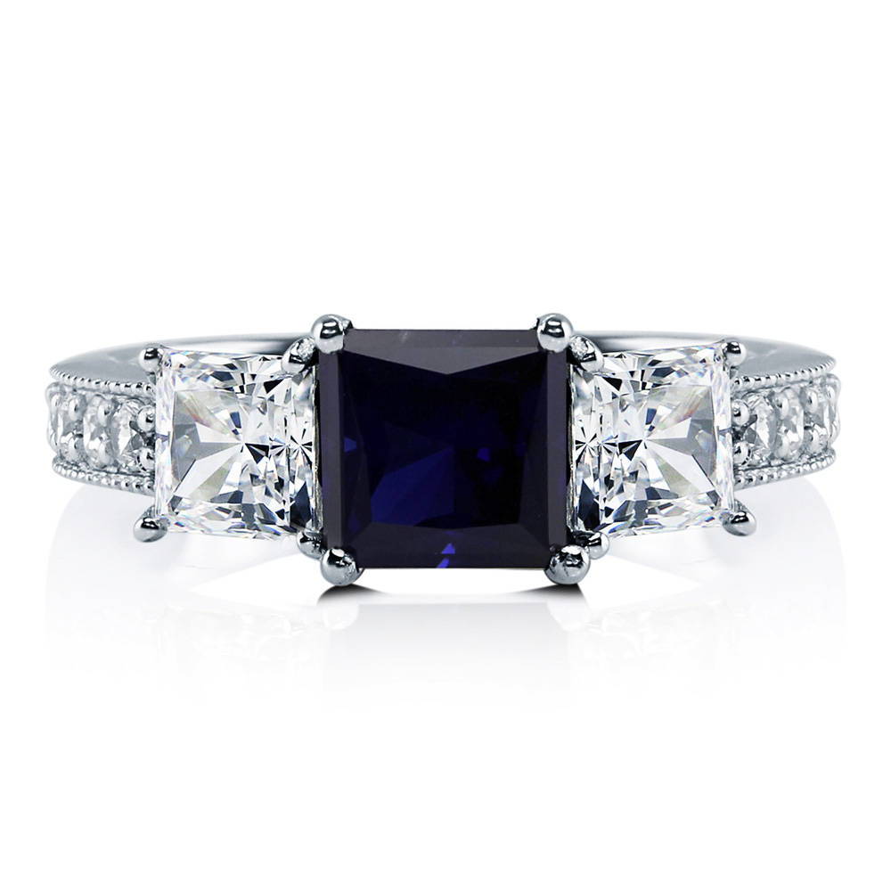 3-Stone Simulated Blue Sapphire Princess CZ Ring in Sterling Silver
