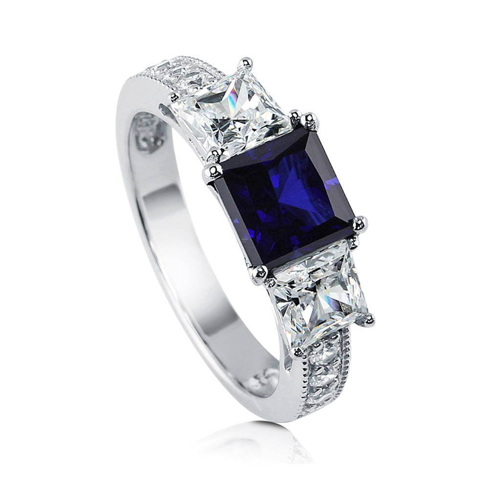 Front view of 3-Stone Simulated Blue Sapphire Princess CZ Ring in Sterling Silver, 4 of 9
