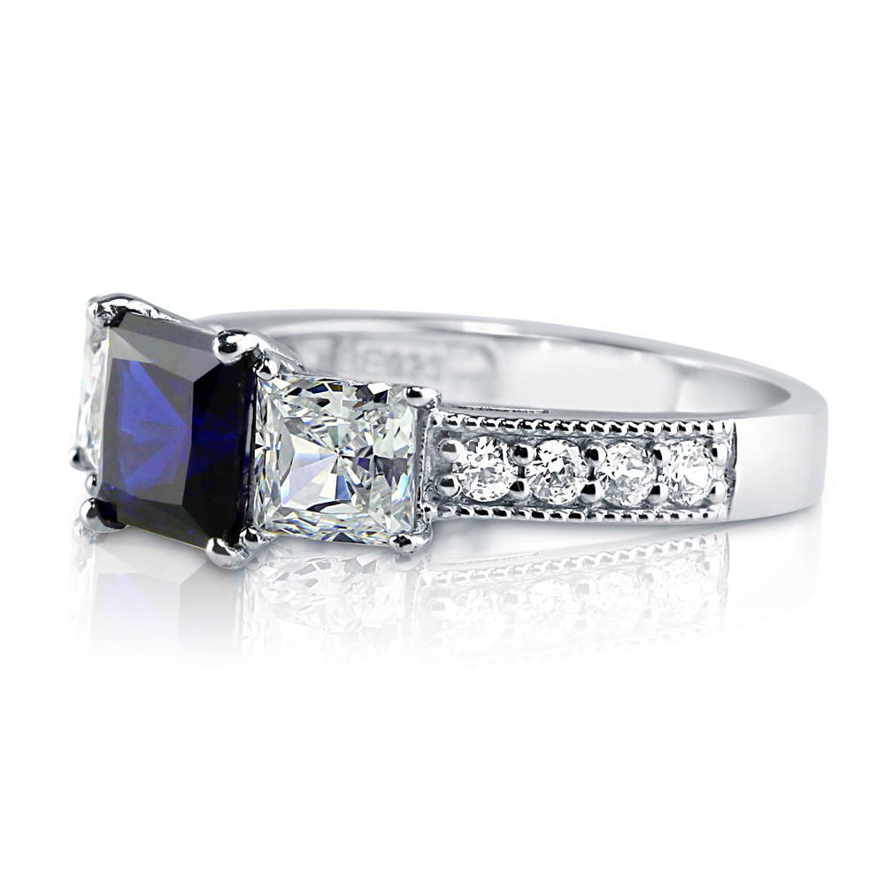 Angle view of 3-Stone 1.6ct Sapphire-Blue Princess CZ Ring in Sterling Silver, 5 of 9