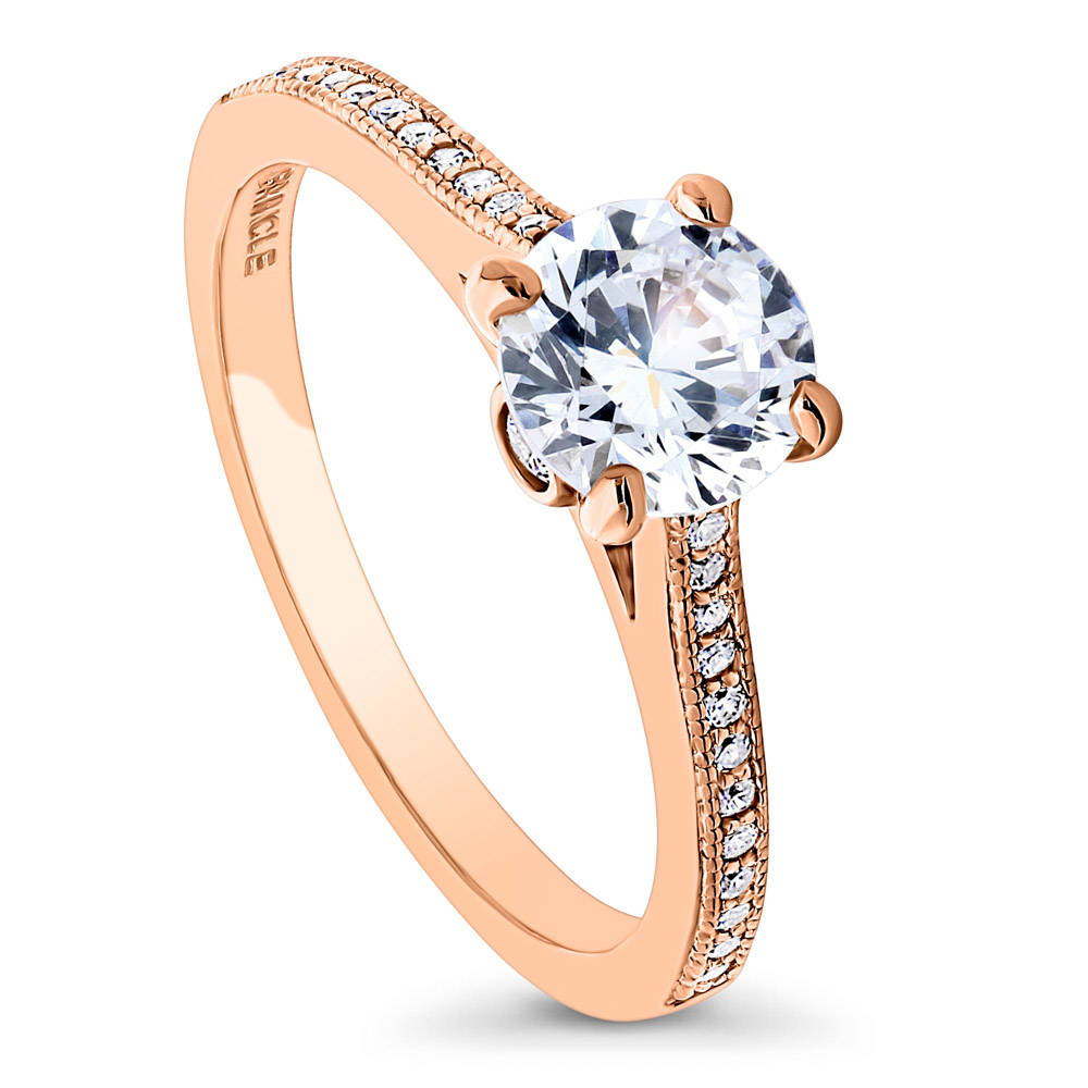 Front view of Solitaire 1ct Round CZ Ring in Rose Gold Plated Sterling Silver, 4 of 8