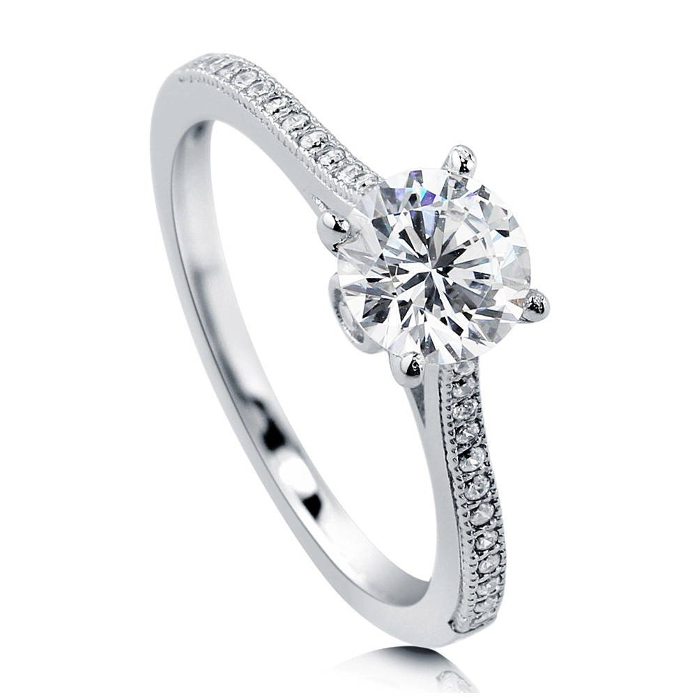 Front view of Solitaire 1ct Round CZ Ring in Sterling Silver, 3 of 9