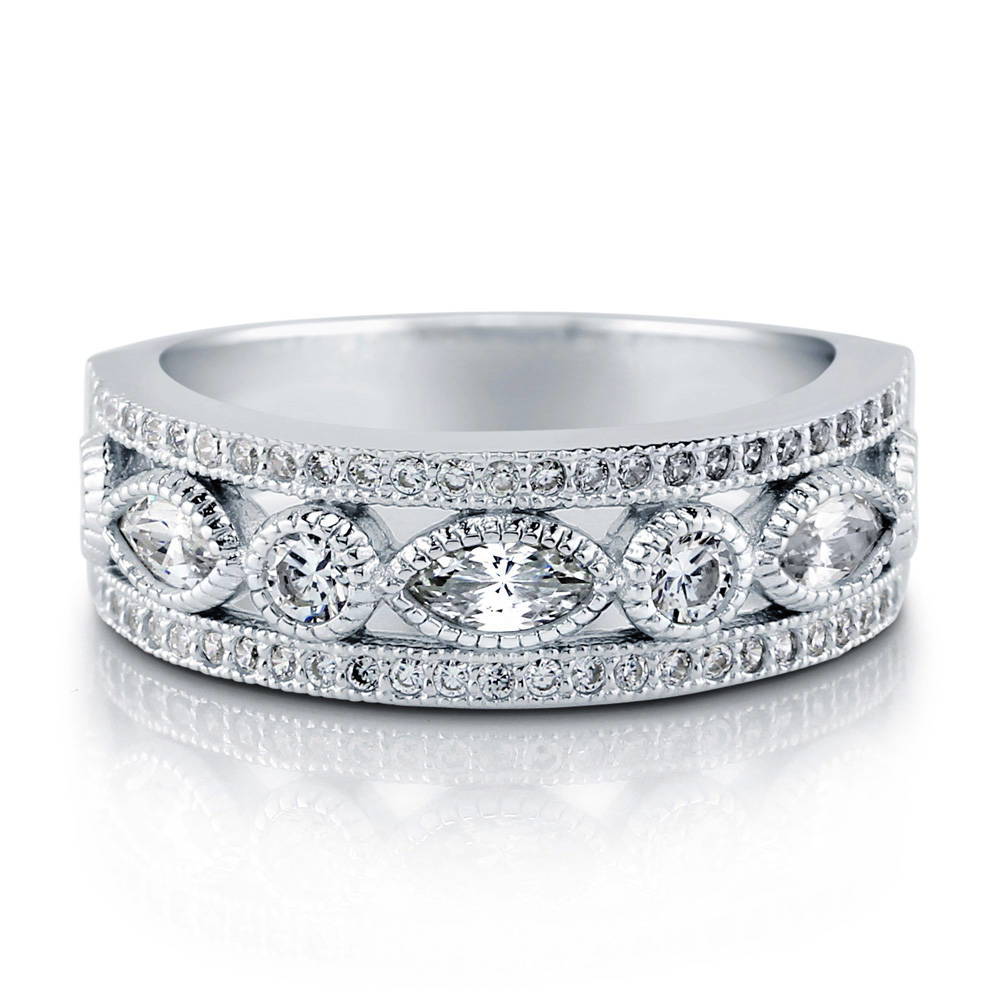 Art Deco Milgrain Bezel Set CZ Half Eternity Ring in Sterling Silver, 1 of 10