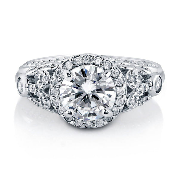 Sterling Silver Halo Art Deco CZ Wedding Engagement Ring #R875-01