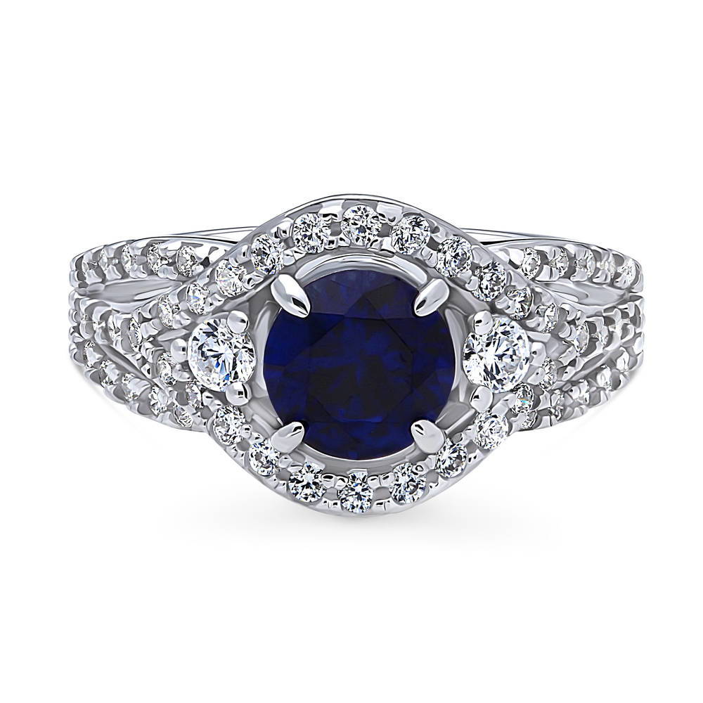 3-Stone Woven Halo Sapphire-Blue CZ Ring in Sterling Silver