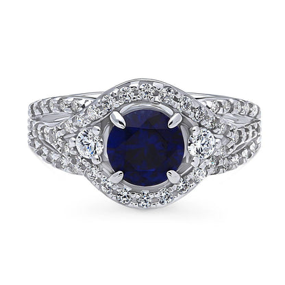 3-Stone Woven Halo Sapphire-Blue CZ Ring in Sterling Silver