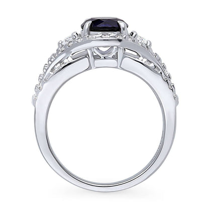 3-Stone Woven Halo Sapphire-Blue CZ Ring in Sterling Silver