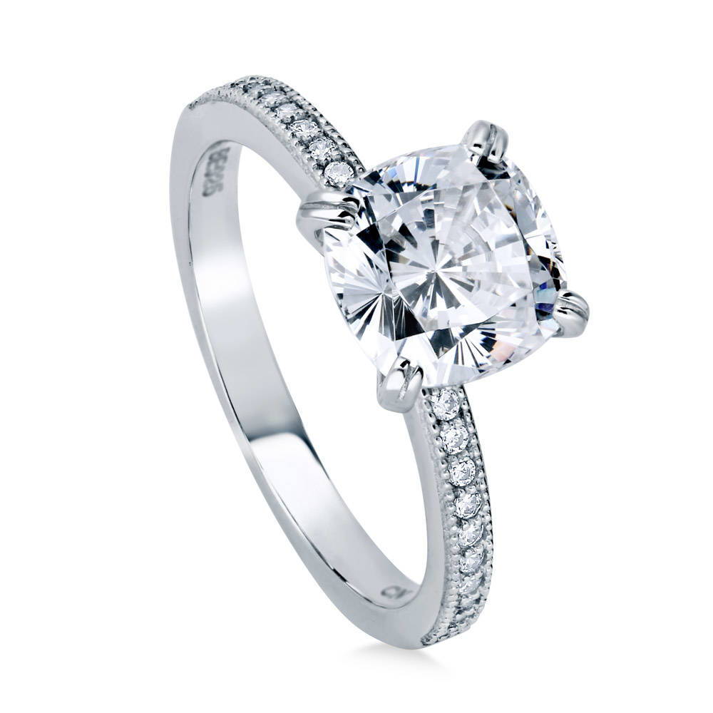 Front view of Solitaire 3ct Cushion CZ Ring in Sterling Silver, 4 of 8