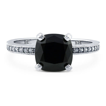 Solitaire 3ct Black Cushion CZ Ring in Sterling Silver