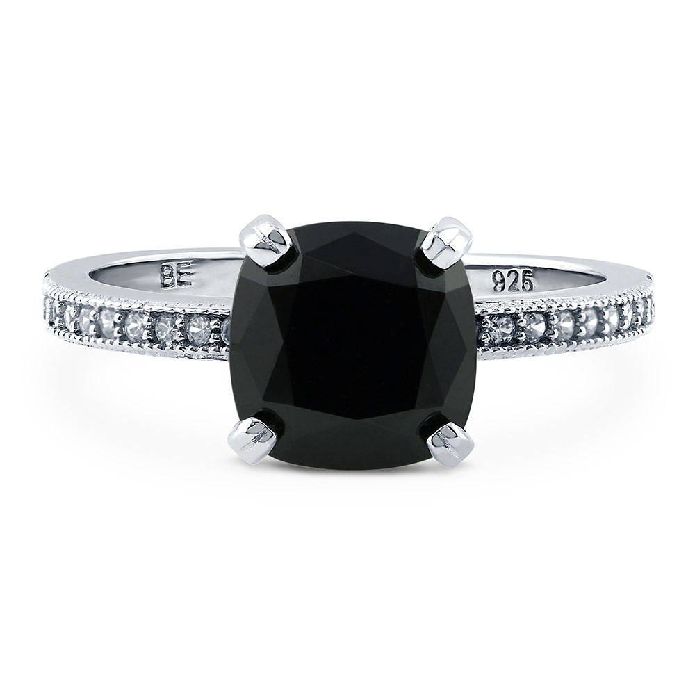 Solitaire 3ct Black Cushion CZ Ring in Sterling Silver, 1 of 7