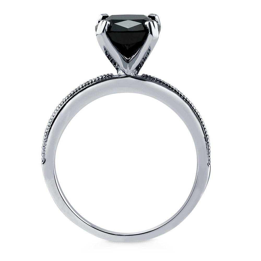 Alternate view of Solitaire 3ct Black Cushion CZ Ring in Sterling Silver, 6 of 7