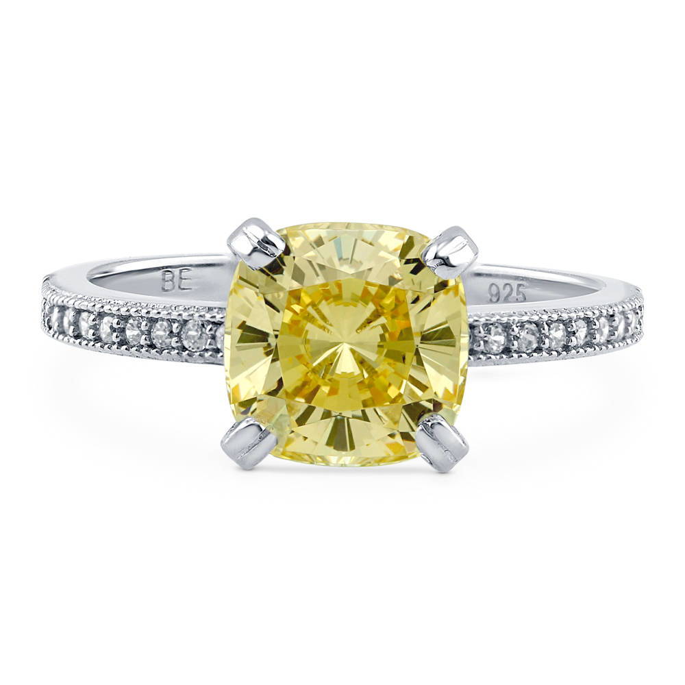 Solitaire 3ct Canary Yellow Cushion CZ Ring in Sterling Silver, 1 of 7