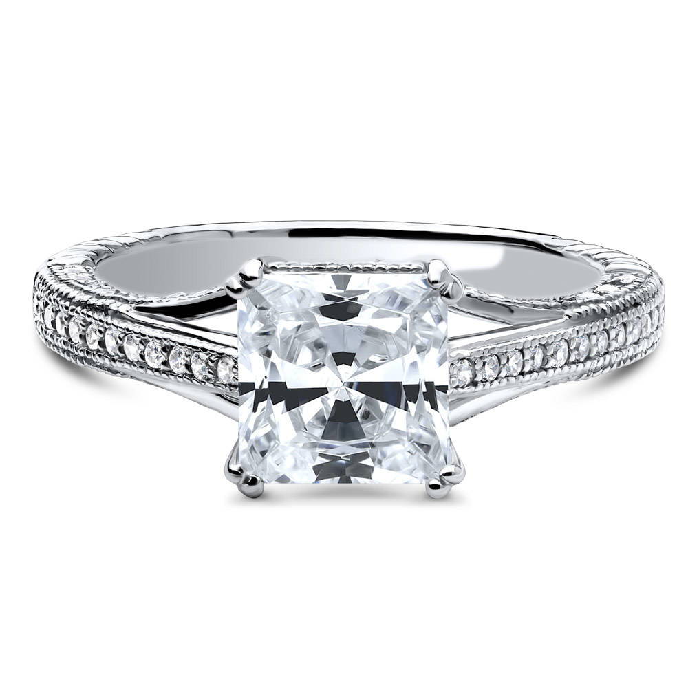 Solitaire Art Deco Milgrain Princess CZ Ring in Sterling Silver, 1 of 8