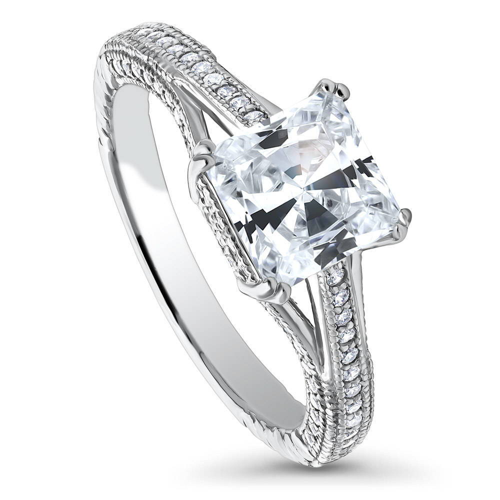 Front view of Solitaire Art Deco Milgrain Princess CZ Ring in Sterling Silver, 4 of 8