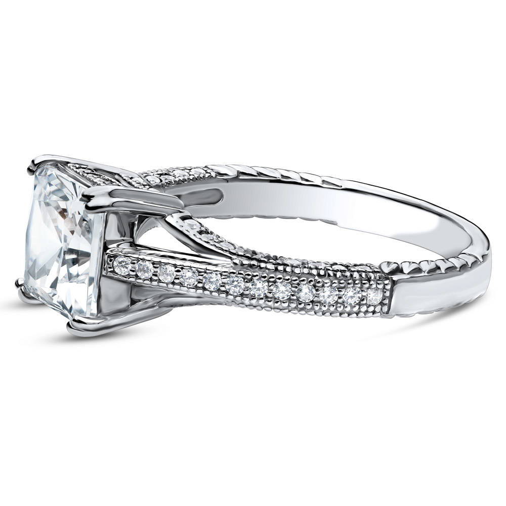 Angle view of Solitaire Art Deco Milgrain Princess CZ Ring in Sterling Silver, 5 of 8