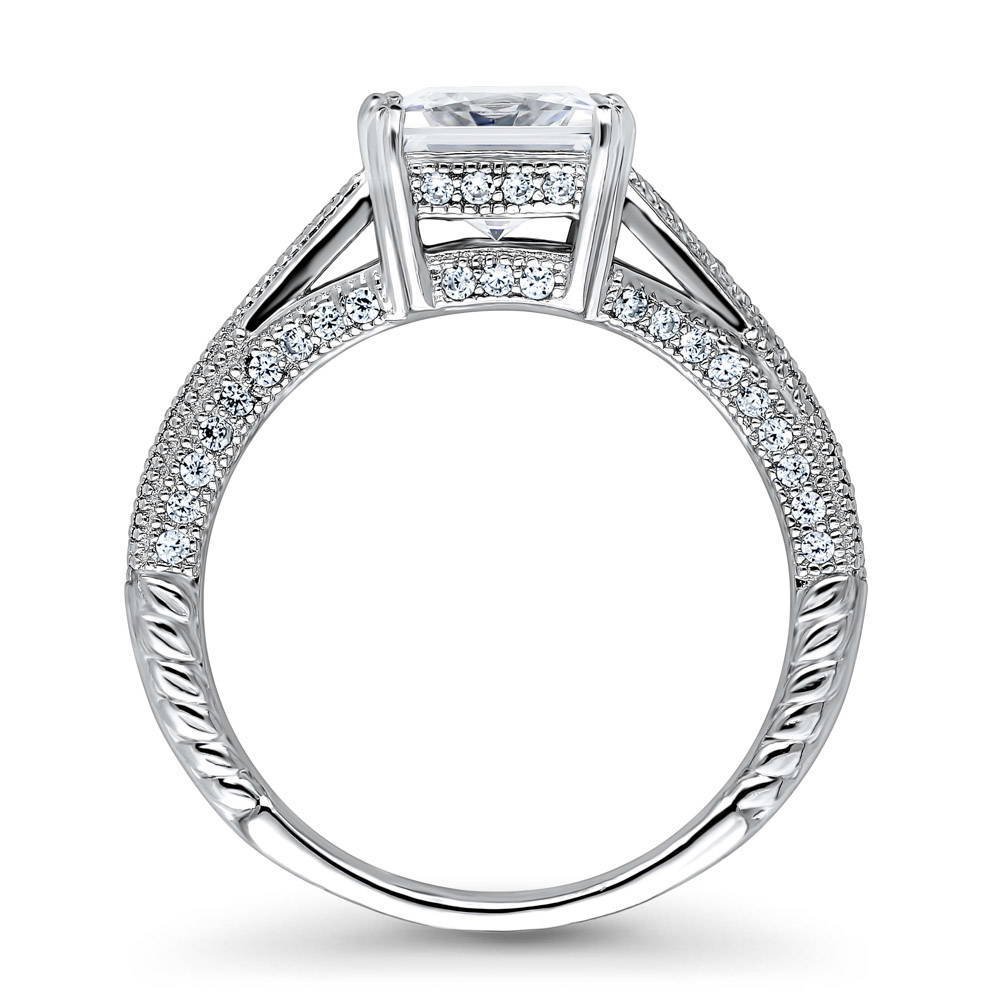 Solitaire Art Deco Milgrain Princess CZ Ring in Sterling Silver