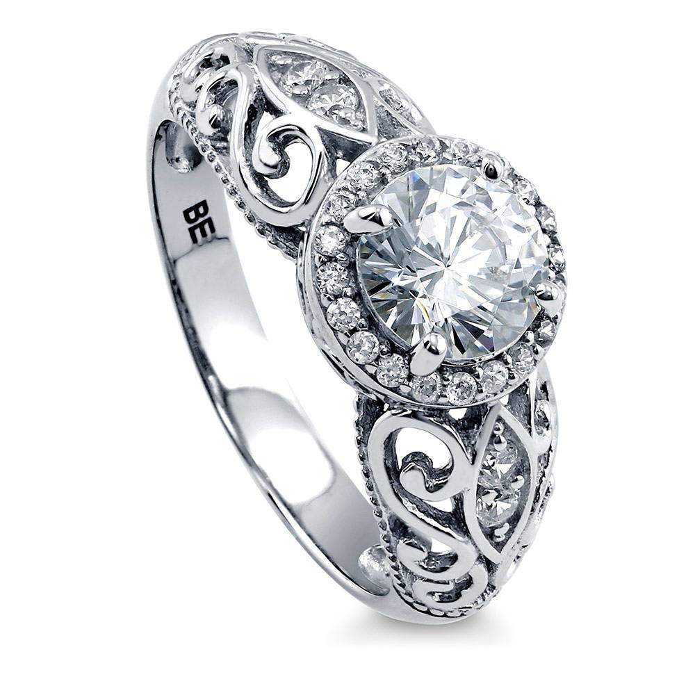 Front view of Halo Art Deco Round CZ Ring in Sterling Silver, 3 of 10