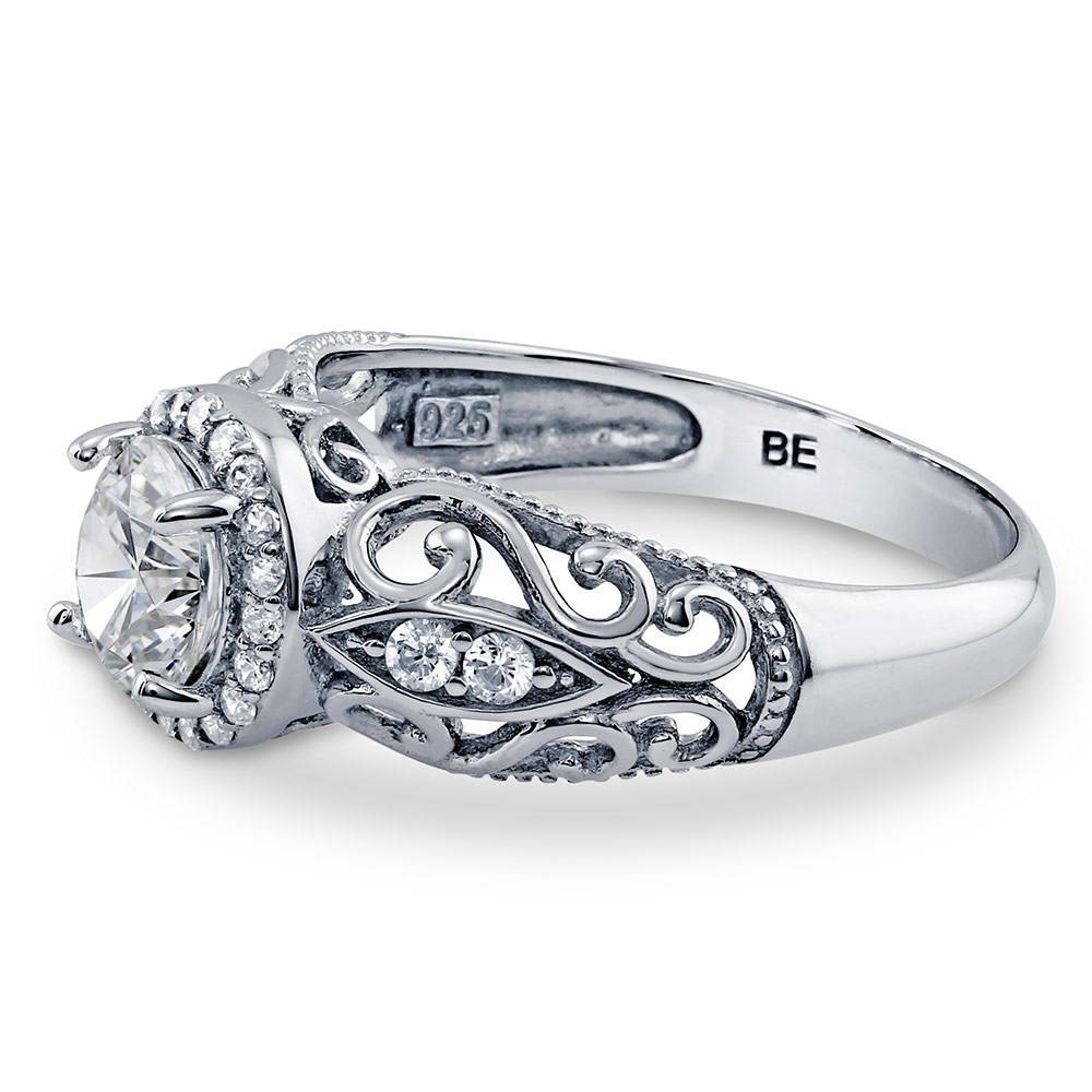 Angle view of Halo Art Deco Milgrain CZ Ring in Sterling Silver, 5 of 11