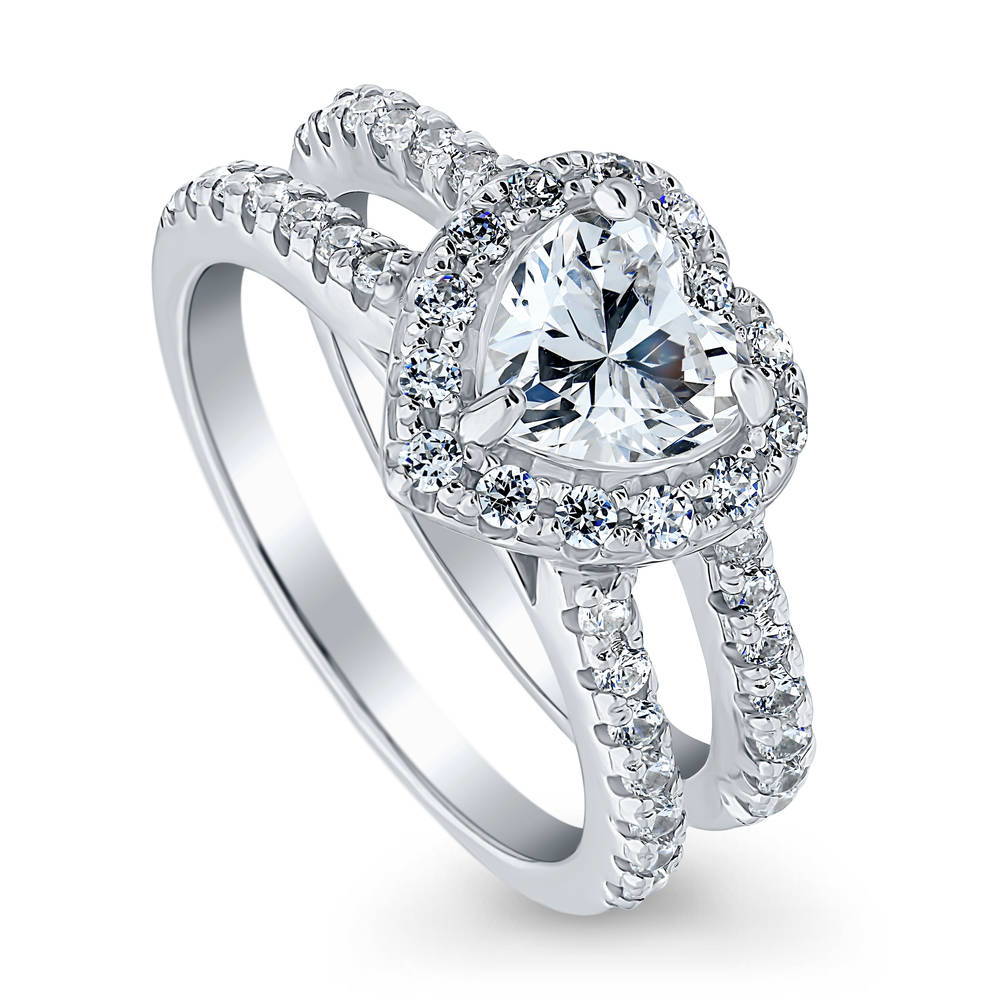 Halo Heart CZ Ring in Sterling Silver, front view