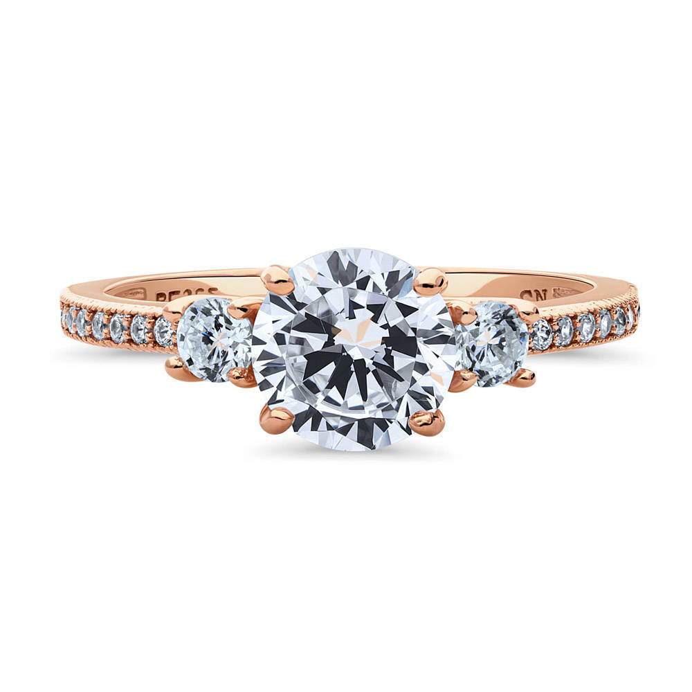 3-Stone Round CZ Ring in Rose Gold Plated Sterling Silver, 1 of 8