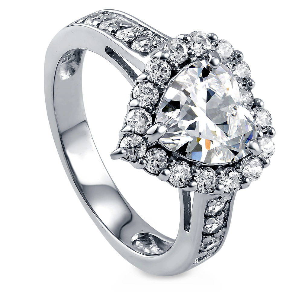 Front view of Halo Heart Heart CZ Ring in Sterling Silver, 4 of 9