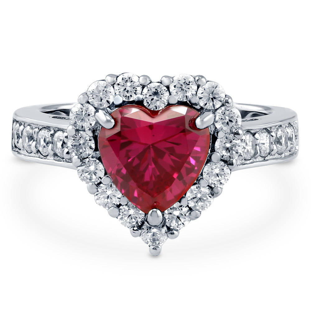 Halo Heart Simulated Ruby CZ Ring in Sterling Silver, 1 of 10