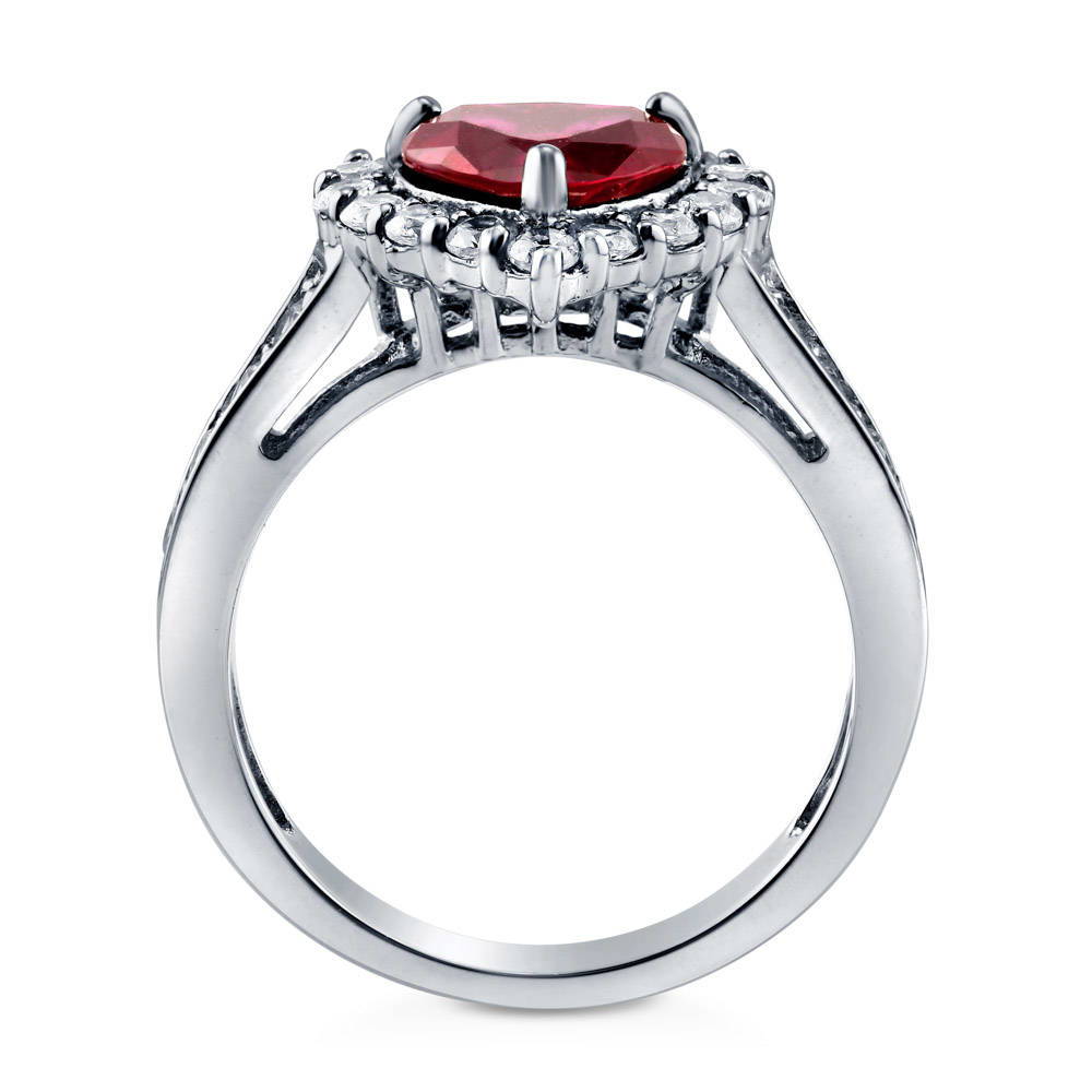 Alternate view of Halo Heart Simulated Ruby Heart CZ Ring in Sterling Silver, 8 of 10