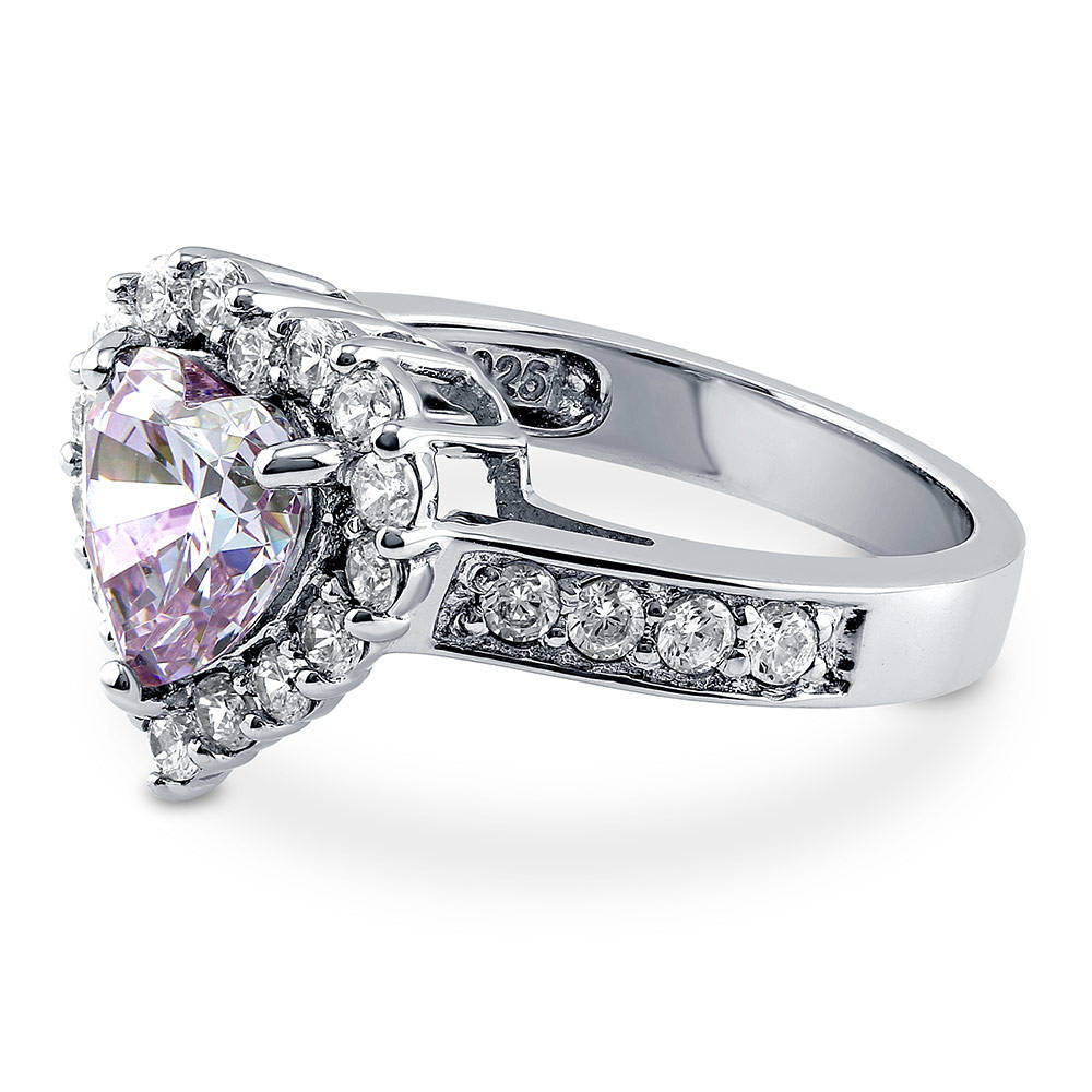 Angle view of Halo Heart Purple Heart CZ Ring in Sterling Silver, 5 of 12