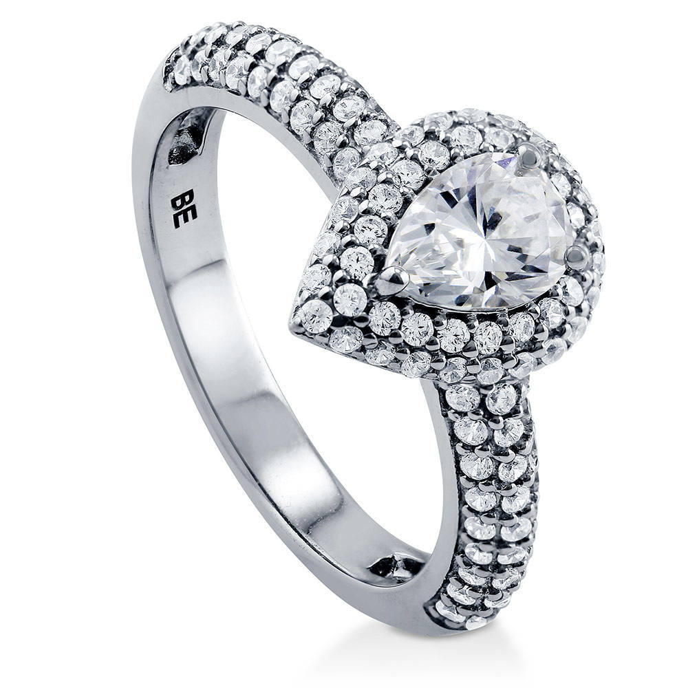 Front view of Halo Pear Cut CZ Ring in Sterling Silver, 4 of 7