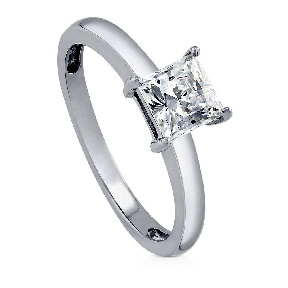 Front view of Solitaire 1ct Princess CZ Ring in Sterling Silver, 4 of 8