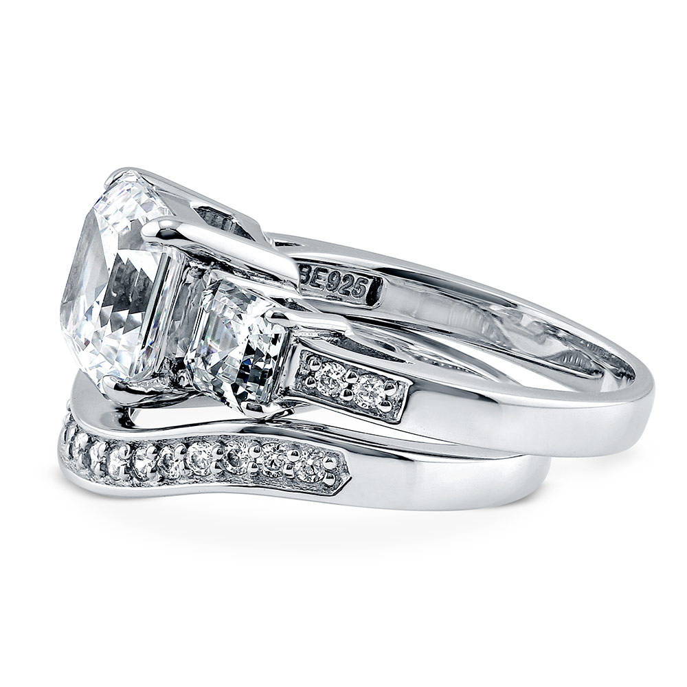 Angle view of 3-Stone Asscher CZ Ring Set in Sterling Silver, 4 of 10