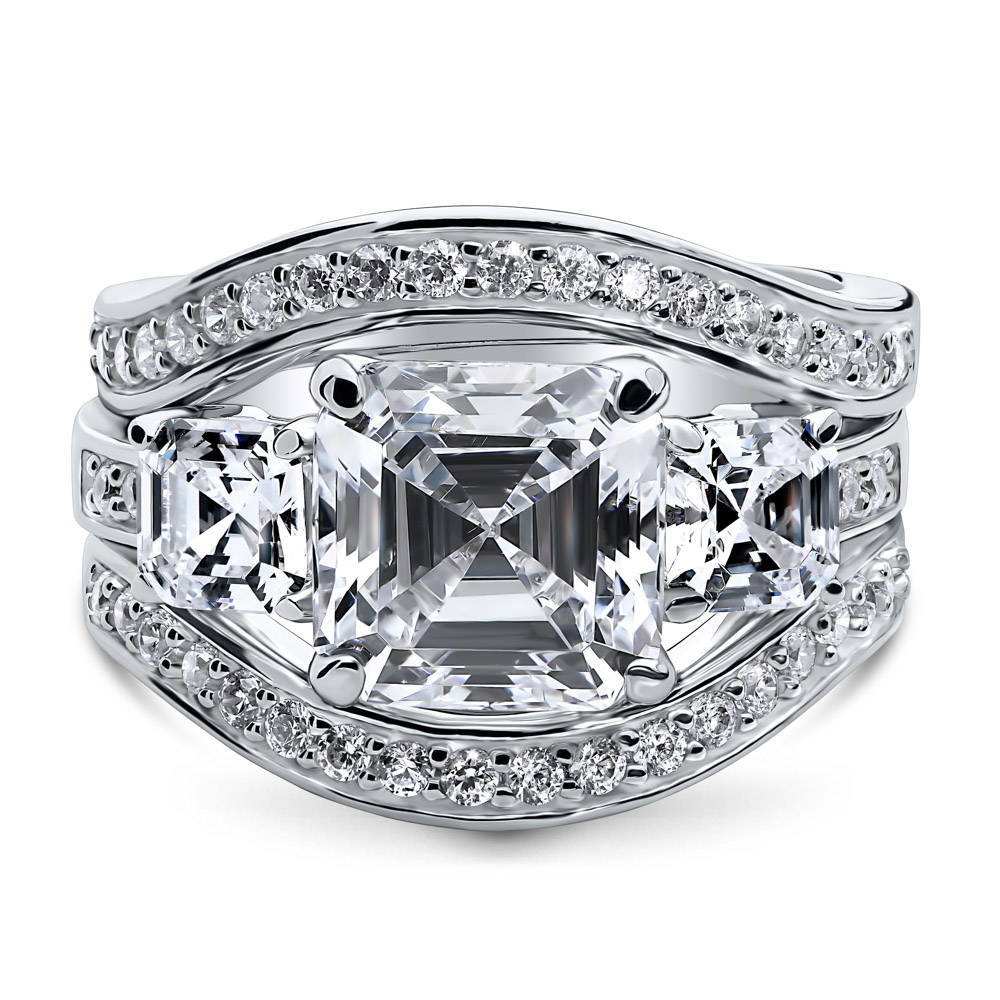 3-Stone Asscher CZ Ring Set in Sterling Silver, 1 of 10