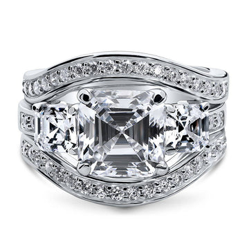 3-Stone Asscher CZ Ring Set in Sterling Silver