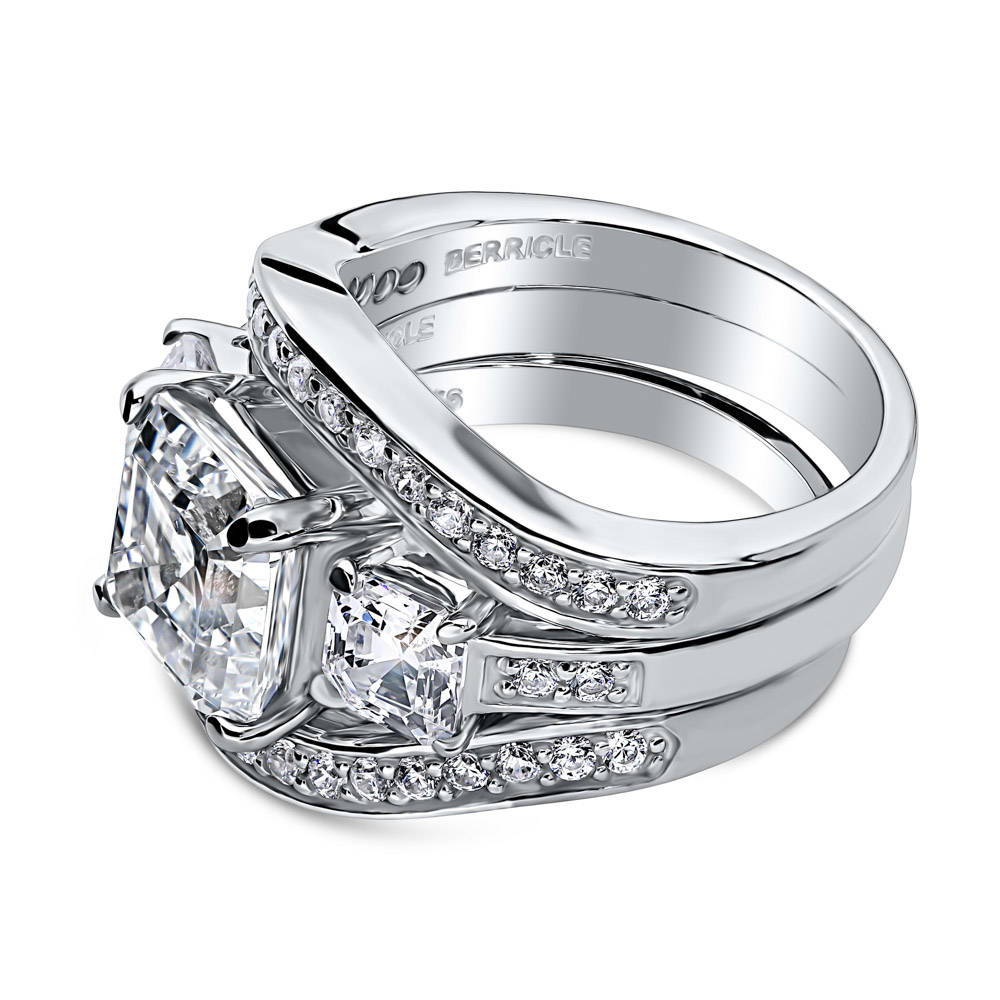 Angle view of 3-Stone Asscher CZ Ring Set in Sterling Silver, 4 of 9