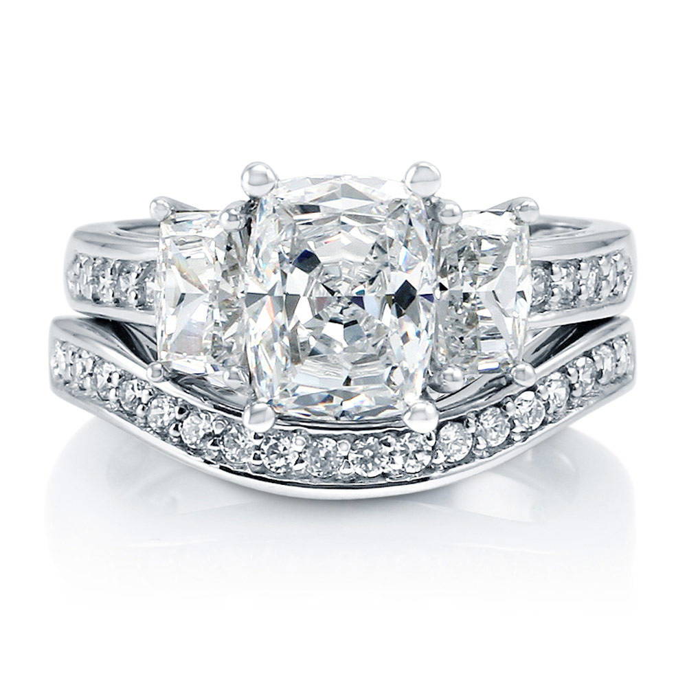 3-Stone 2.6ct Cushion CZ Ring Set in Sterling Silver, 1 of 13