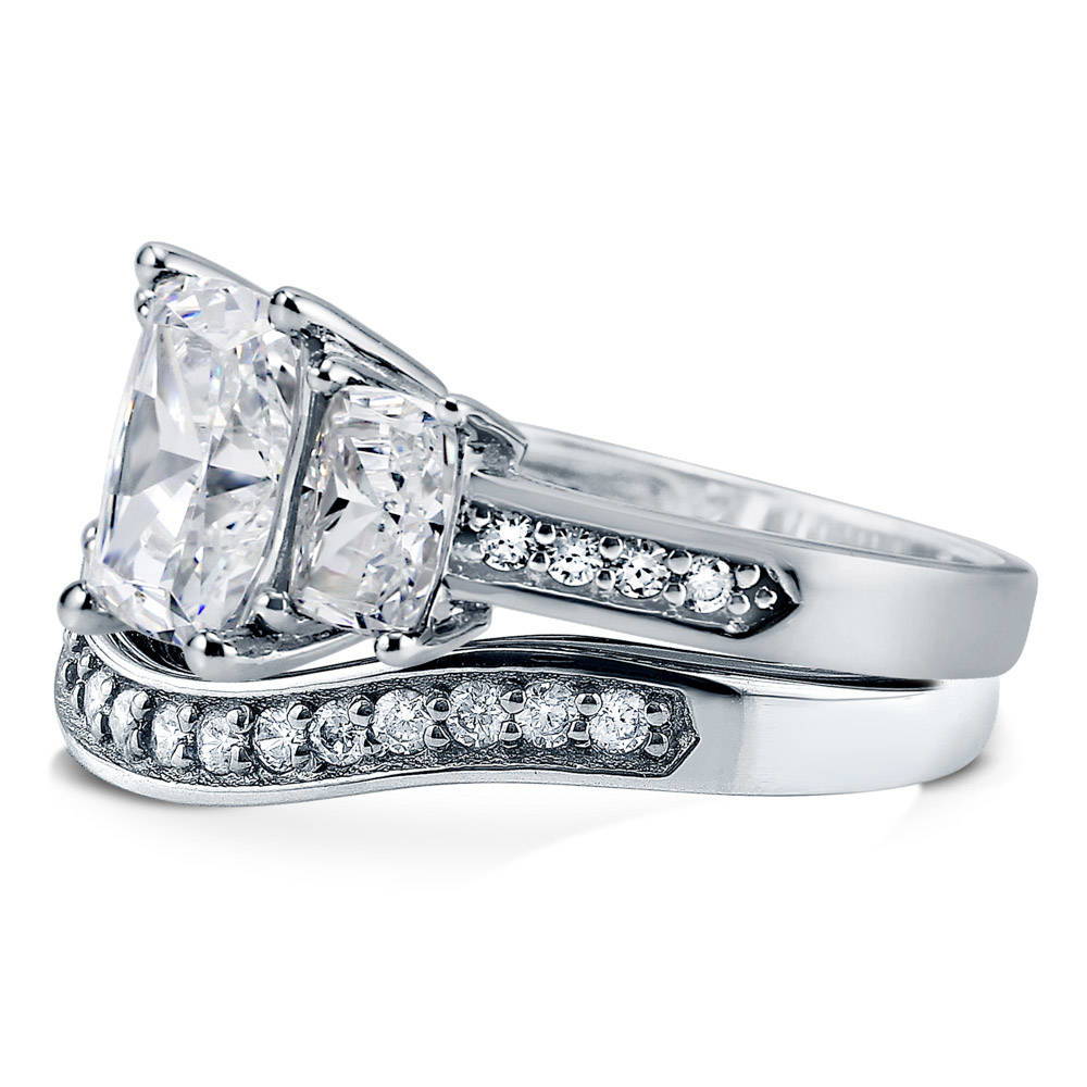 Angle view of 3-Stone Cushion CZ Ring Set in Sterling Silver, 3 of 11