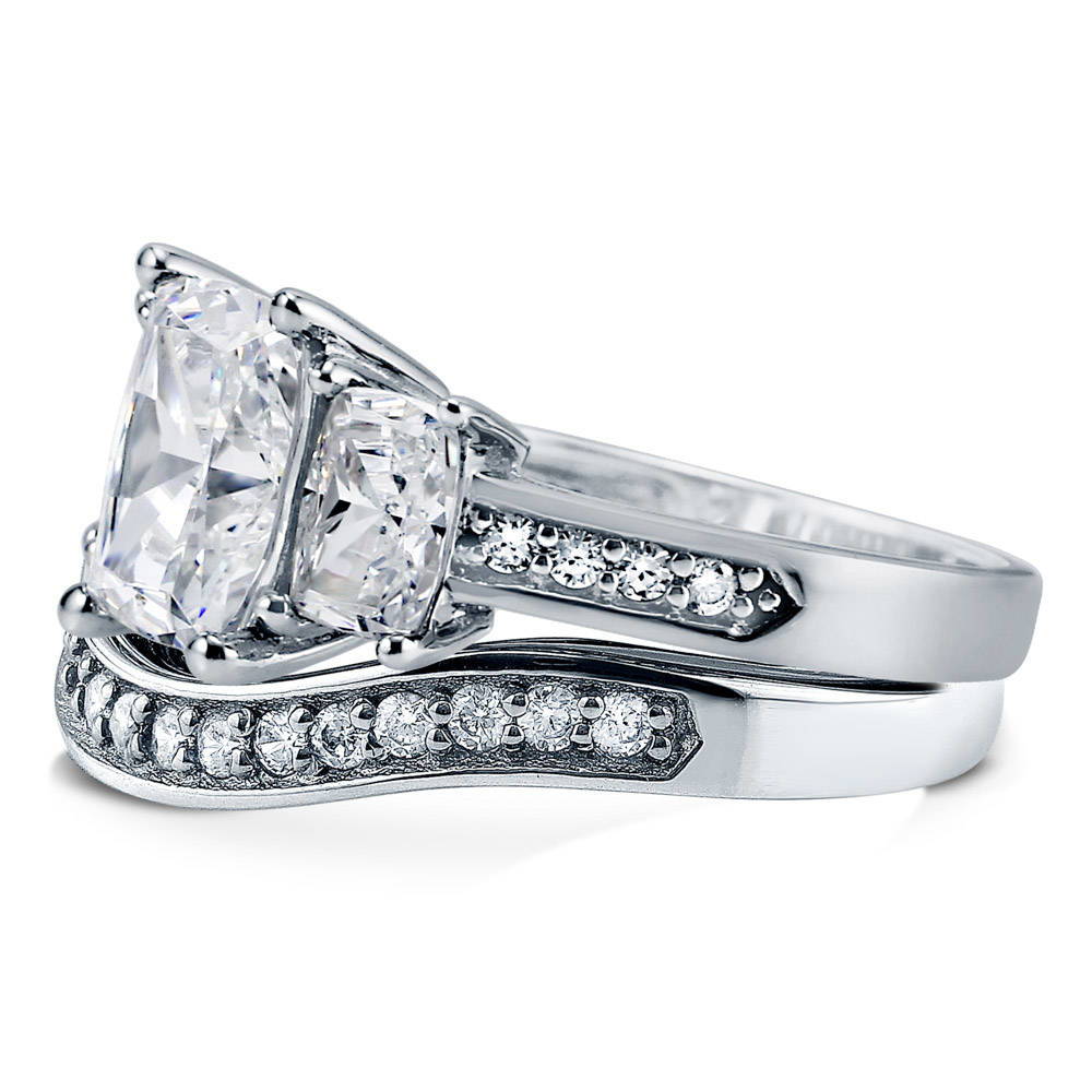 Angle view of 3-Stone 2.6ct Cushion CZ Ring Set in Sterling Silver, 4 of 13