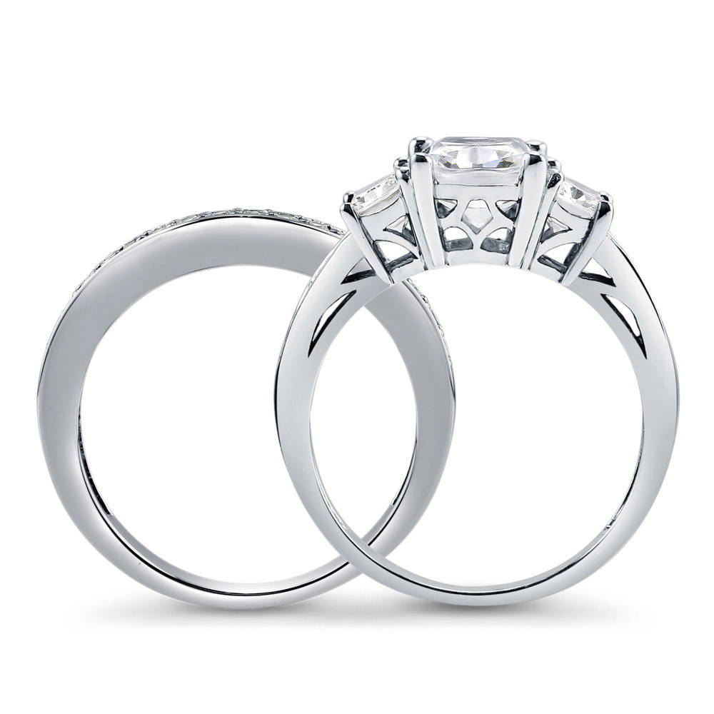 Alternate view of 3-Stone 2.6ct Cushion CZ Ring Set in Sterling Silver, 5 of 13