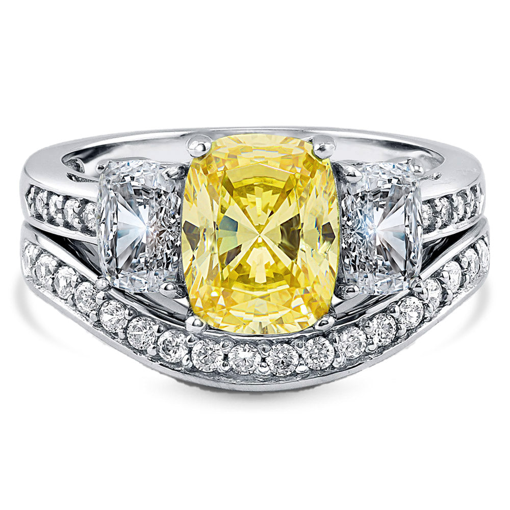 3-Stone Canary Yellow Cushion CZ Ring Set in Sterling Silver, 1 of 9