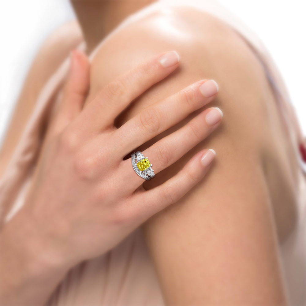3-Stone Canary Yellow Cushion CZ Ring Set in Sterling Silver, 2 of 8