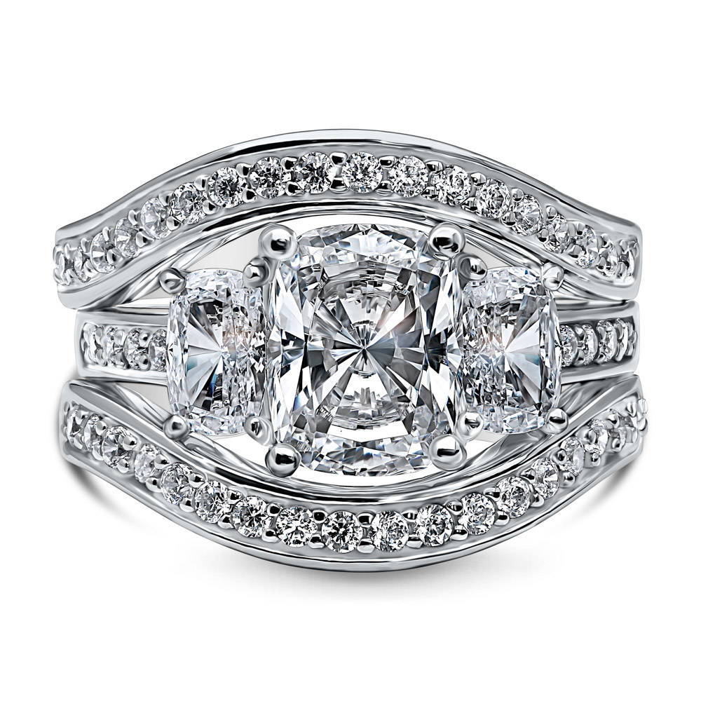 3-Stone Cushion CZ Ring Set in Sterling Silver, 1 of 14