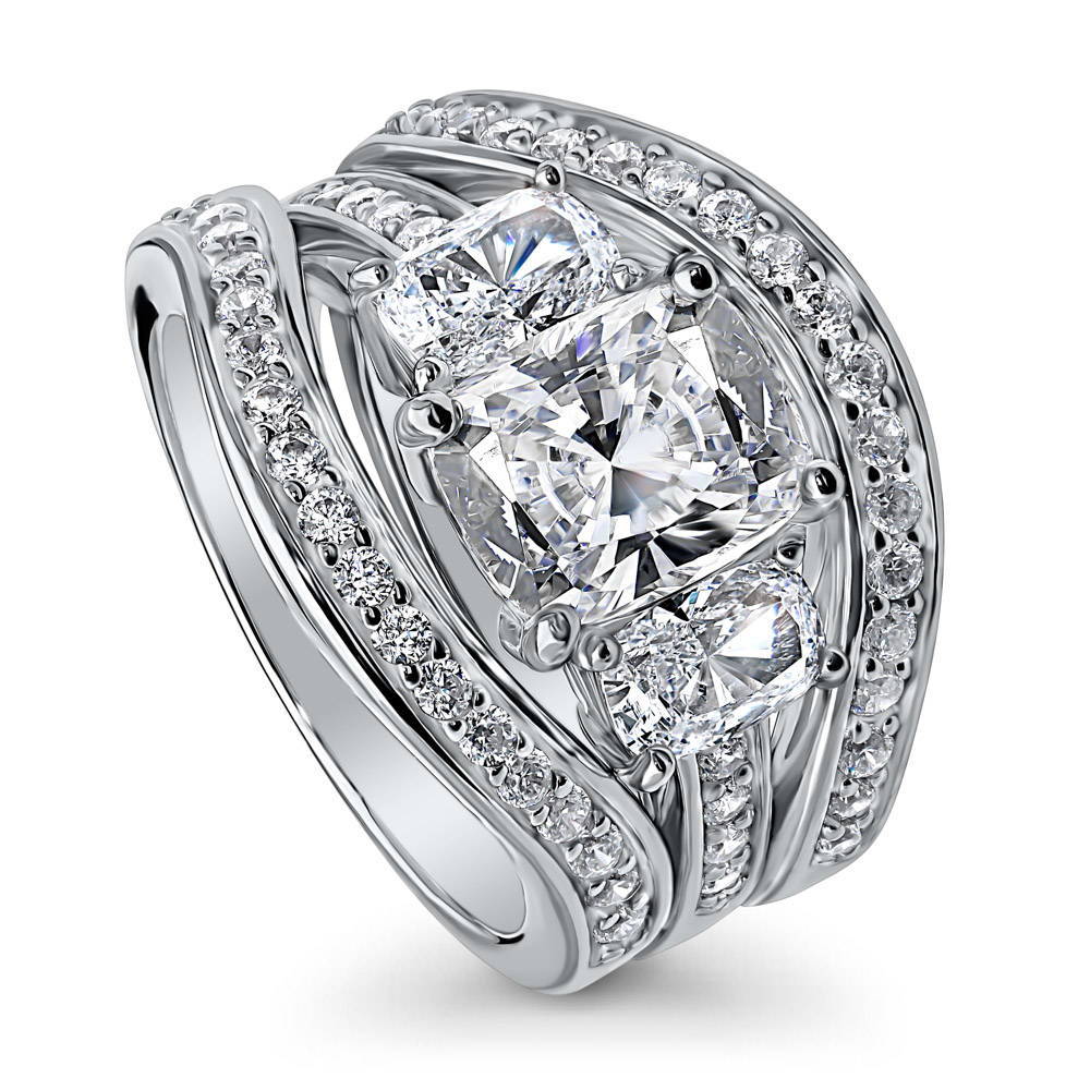 Front view of 3-Stone Cushion CZ Ring Set in Sterling Silver, 3 of 12