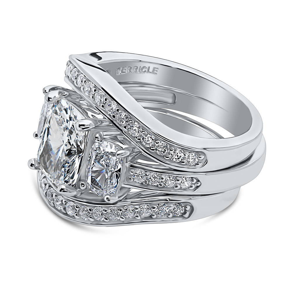Angle view of 3-Stone Cushion CZ Ring Set in Sterling Silver, 4 of 12