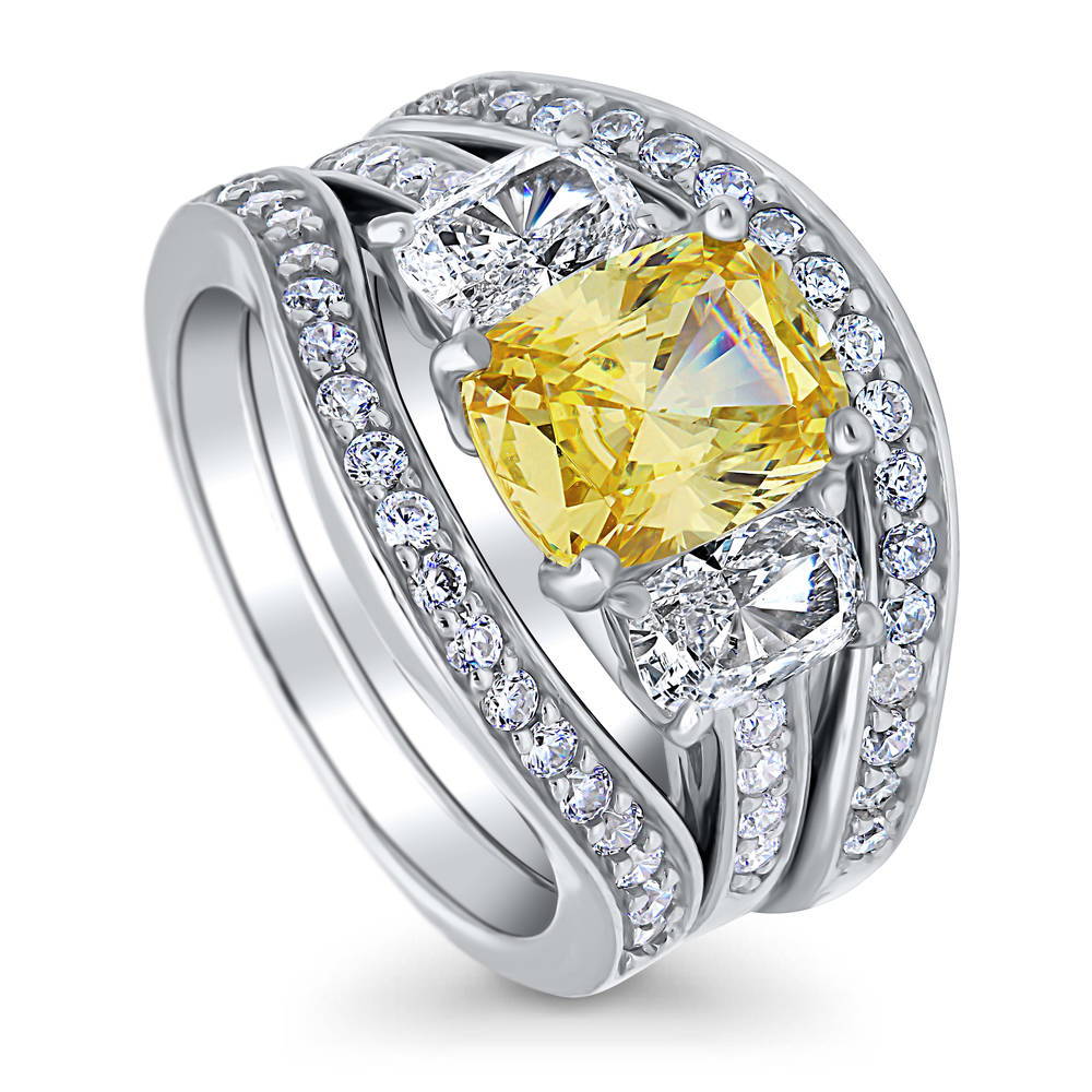 Front view of 3-Stone Canary Yellow Cushion CZ Ring Set in Sterling Silver, 3 of 8