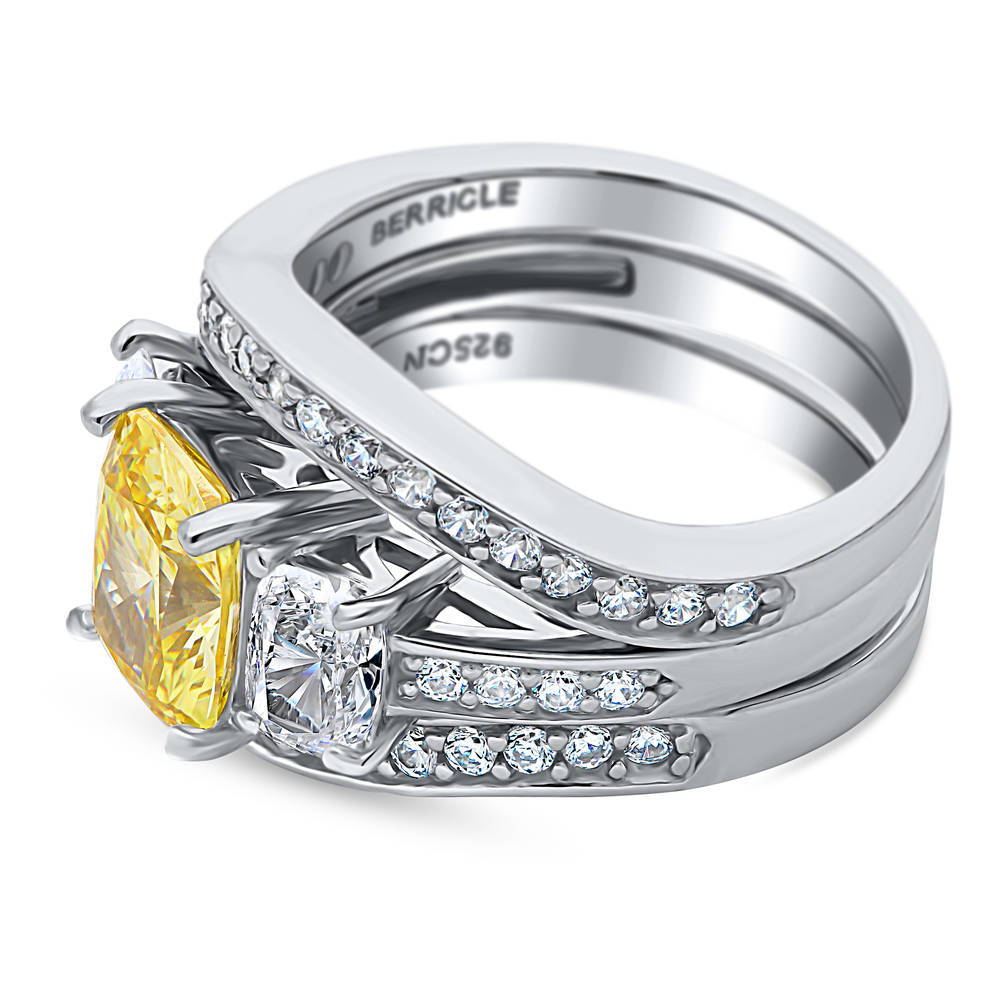 Angle view of 3-Stone Canary Yellow Cushion CZ Ring Set in Sterling Silver, 4 of 8